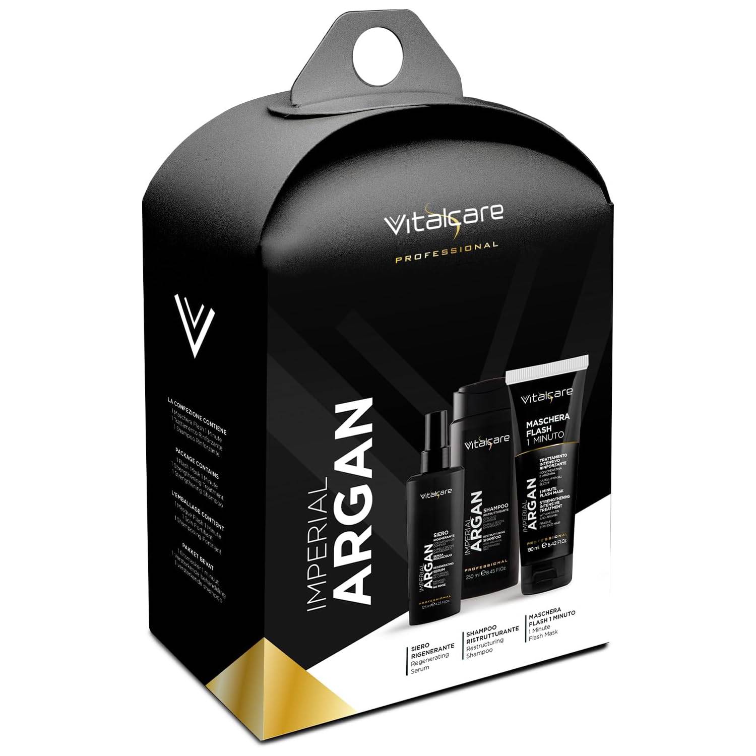 Vitalcare Professional Cofanetto Imperial Argan Per Capelli Maschera Flash 190 Ml Siero Rigenerante 125 Ml Shampoo Ristrutturante 250 Ml